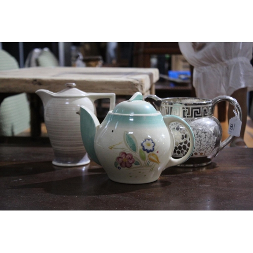 219 - Susie Cooper lidded jug, tea pot and Grays Pottery lustre jug, approx 20cm H and smaller (3)