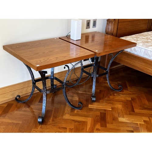 227 - Pair of lamp tables, wooden top and hand wrought iron legs, approx 67cm H x 67cm W x 67cm D (2)