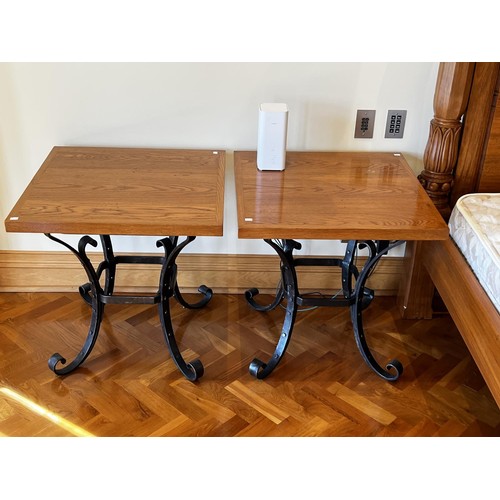 227 - Pair of lamp tables, wooden top and hand wrought iron legs, approx 67cm H x 67cm W x 67cm D (2)