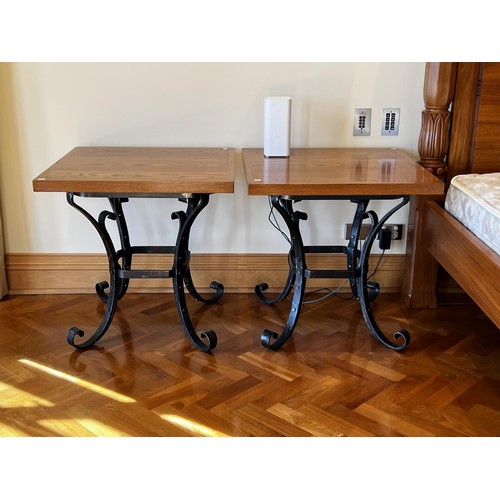 227 - Pair of lamp tables, wooden top and hand wrought iron legs, approx 67cm H x 67cm W x 67cm D (2)