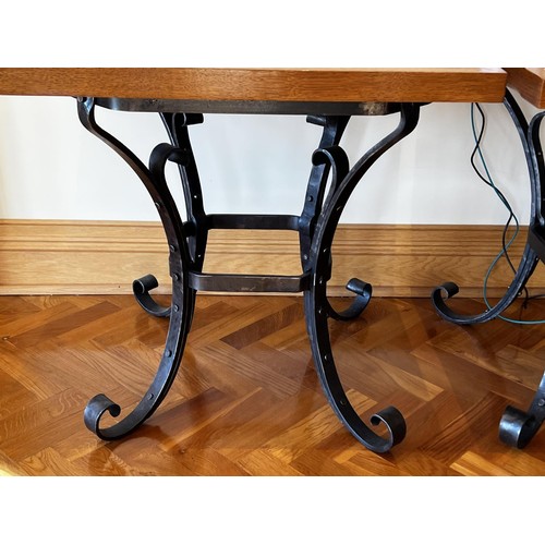 227 - Pair of lamp tables, wooden top and hand wrought iron legs, approx 67cm H x 67cm W x 67cm D (2)