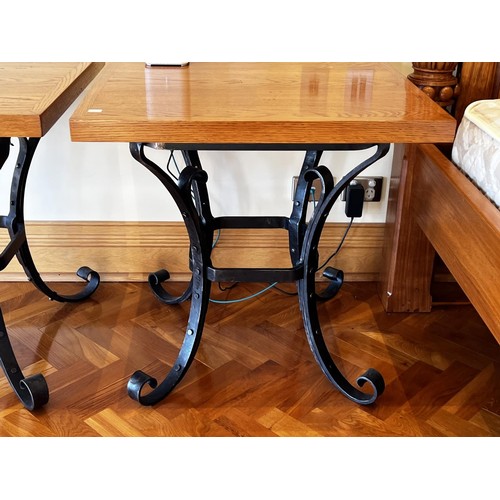 227 - Pair of lamp tables, wooden top and hand wrought iron legs, approx 67cm H x 67cm W x 67cm D (2)