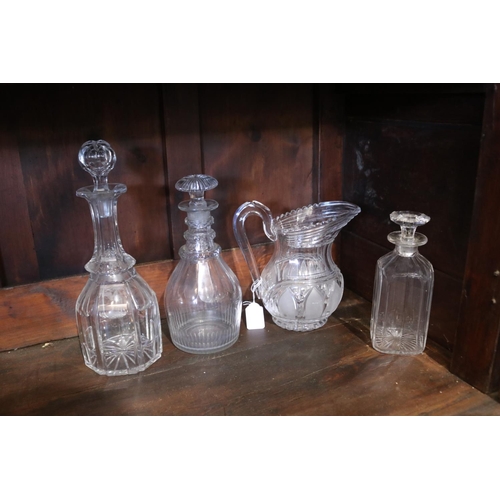 252 - Selection of antique glass items, to include a Regency cut glass jug, Georgian decanter and others, ... 