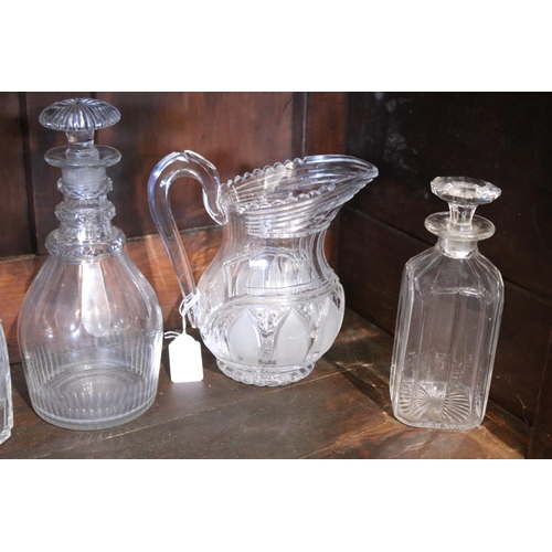 252 - Selection of antique glass items, to include a Regency cut glass jug, Georgian decanter and others, ... 