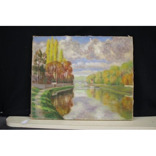 296 - A. Leporh, canal scene, oil on canvas, unframed, approx 50cm x 61cm