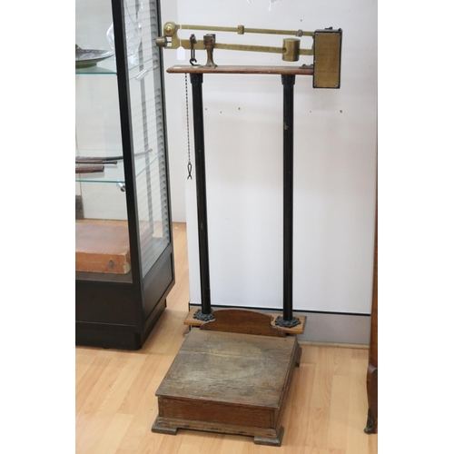 306 - Set of antique French platform scales, brass palque  Apparell - V Durand of Paris  approx 122cm H x ... 