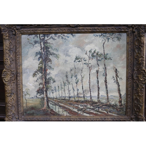 308 - David Mcbeth Sutherland (1883-1973), Tree lined road, likely France, oil on board, signed lower left... 