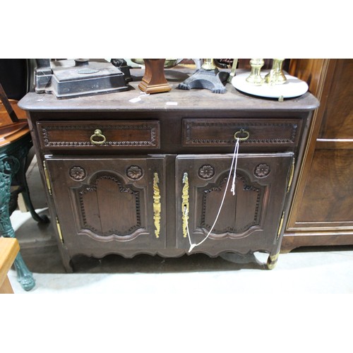 330 - Antique early 19th century French oak two door buffet & two drawers to the top, carved recessed arch... 