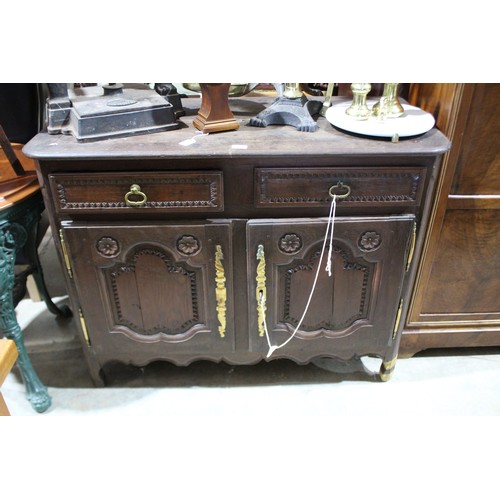 330 - Antique early 19th century French oak two door buffet & two drawers to the top, carved recessed arch... 