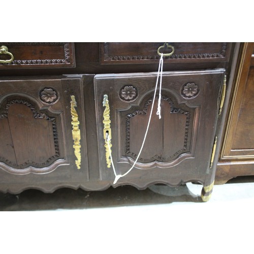 330 - Antique early 19th century French oak two door buffet & two drawers to the top, carved recessed arch... 