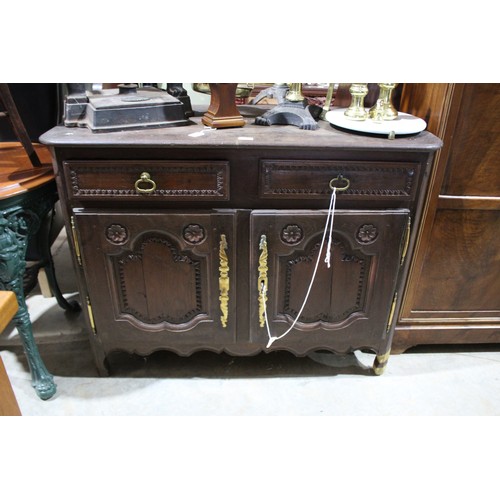 330 - Antique early 19th century French oak two door buffet & two drawers to the top, carved recessed arch... 