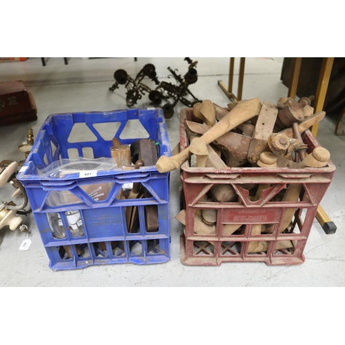 344 - Two boxes of tools to include wooden parts, etc (2 boxes)