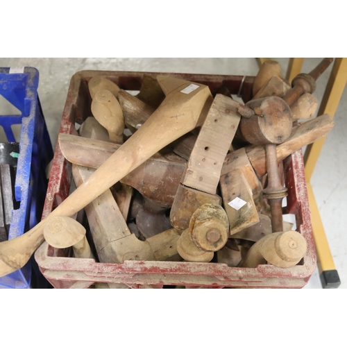 344 - Two boxes of tools to include wooden parts, etc (2 boxes)