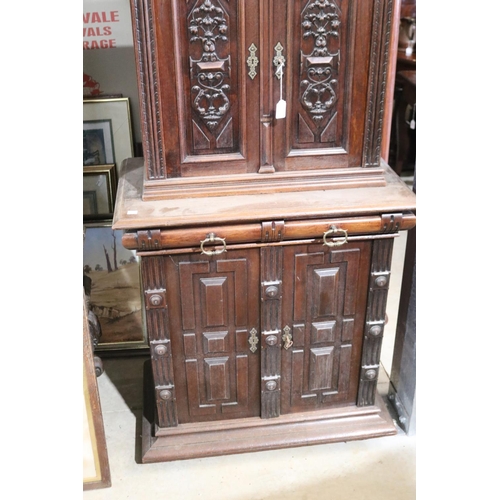 346 - Late 19th century Continental walnut side cabinet, fitted with four carved and panelled doors, the f... 