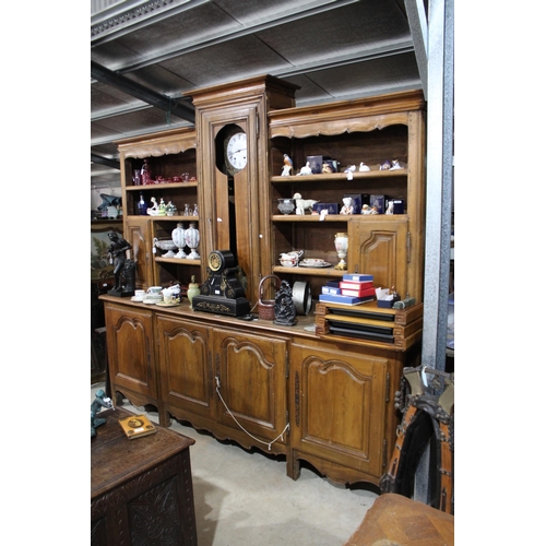 363 - Antique French oak Vaisselier buffet with central comtoise clock, untested, enamel dial signed R Jun... 