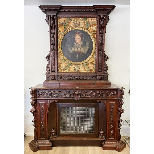 Rare large antique elaborate French fire place surround, mounted with a 19th Century portrait of Mary Queen of Scots, oil on canvas, mounted into a silk backing & Renaissance Revival carved walnut fire mantle place, with a brass mesh panel below, profusely carved decoration. Provenance: This painting was commissioned by a wealthy Scottish man for his castle near Amboise, Val de Loire, France and painted by a local artist in the 19th Century, approx 290cm H x 190cm W x 52cm