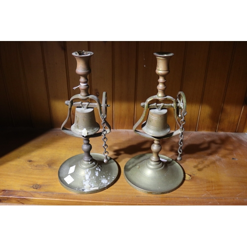 193 - Pair of antique English brass pull bell tavern candlesticks, each approx 29cm H (2)