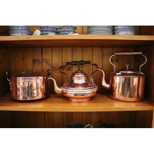 196 - Three antique copper, kettles and pot, approx 27cm H and shorter  (3)