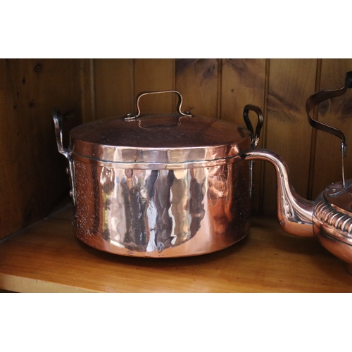 196 - Three antique copper, kettles and pot, approx 27cm H and shorter  (3)