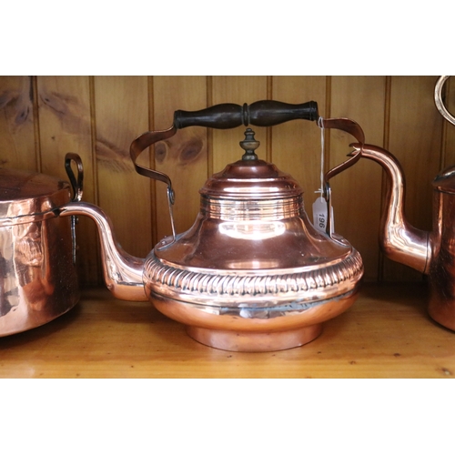 196 - Three antique copper, kettles and pot, approx 27cm H and shorter  (3)