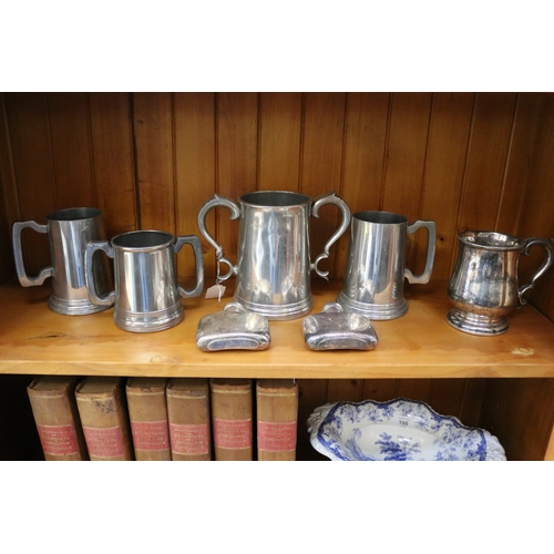 197 - Selection of tankards, loving cup, hip flasks etc, approx 17cm H and shorter