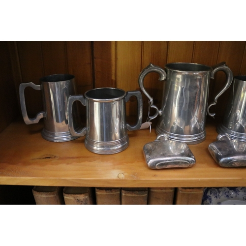 197 - Selection of tankards, loving cup, hip flasks etc, approx 17cm H and shorter