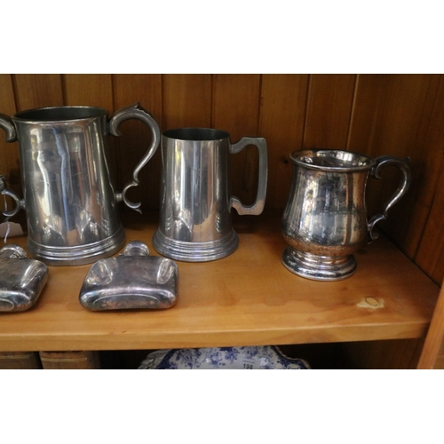 197 - Selection of tankards, loving cup, hip flasks etc, approx 17cm H and shorter