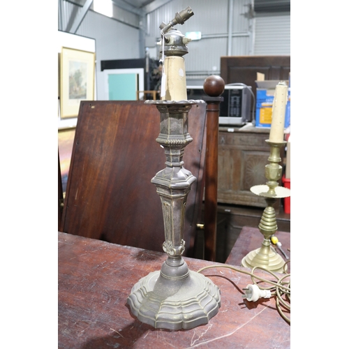 321 - Large antique silver plated period style candlestick lamp, approx 63cm H