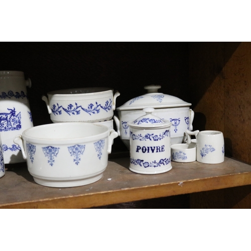 359 - Antique French Terre D'acier Saint Uze blue and white porcelain part service, has various damages, a... 