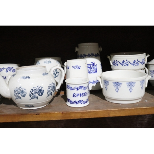 359 - Antique French Terre D'acier Saint Uze blue and white porcelain part service, has various damages, a... 