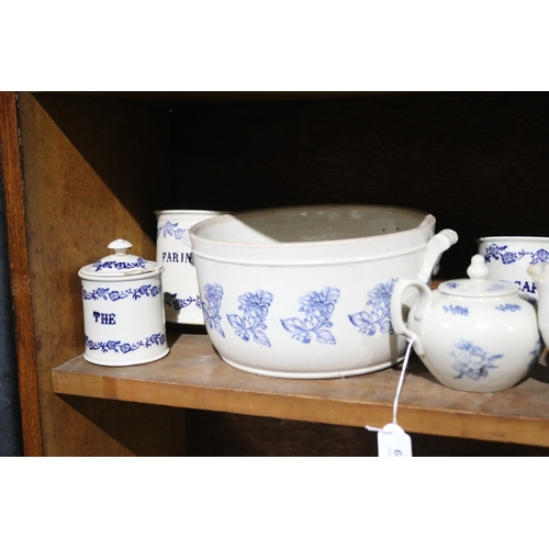 359 - Antique French Terre D'acier Saint Uze blue and white porcelain part service, has various damages, a... 