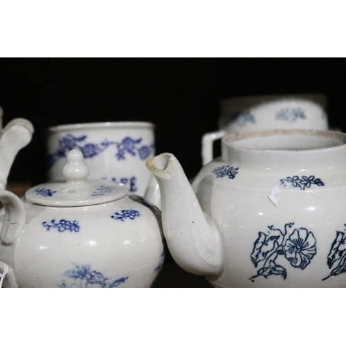 359 - Antique French Terre D'acier Saint Uze blue and white porcelain part service, has various damages, a... 