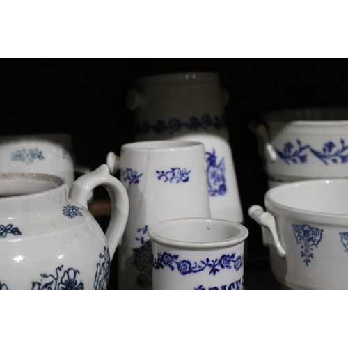 359 - Antique French Terre D'acier Saint Uze blue and white porcelain part service, has various damages, a... 