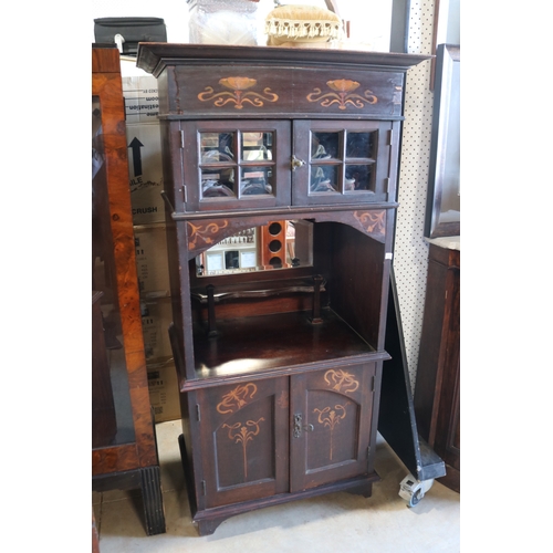 100 - Antique Art Nouveau floral coloured marquetry inlaid parlor cabinet, approx 135cm H x 69cm W x 44cm ... 