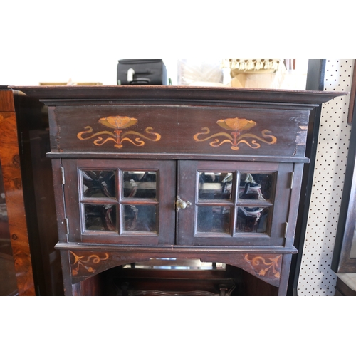 100 - Antique Art Nouveau floral coloured marquetry inlaid parlor cabinet, approx 135cm H x 69cm W x 44cm ... 