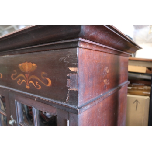 100 - Antique Art Nouveau floral coloured marquetry inlaid parlor cabinet, approx 135cm H x 69cm W x 44cm ... 