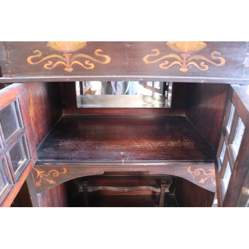 100 - Antique Art Nouveau floral coloured marquetry inlaid parlor cabinet, approx 135cm H x 69cm W x 44cm ... 