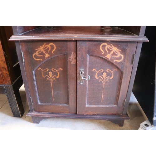 100 - Antique Art Nouveau floral coloured marquetry inlaid parlor cabinet, approx 135cm H x 69cm W x 44cm ... 