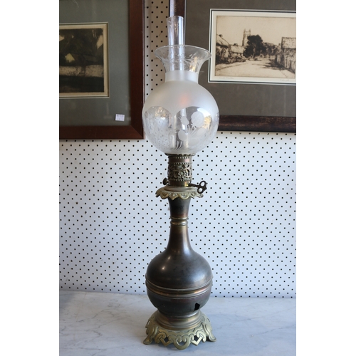 104 - Antique French oil lamp, baluster shape waisted fitted with fine wheel cut & etched shade, approx 70... 
