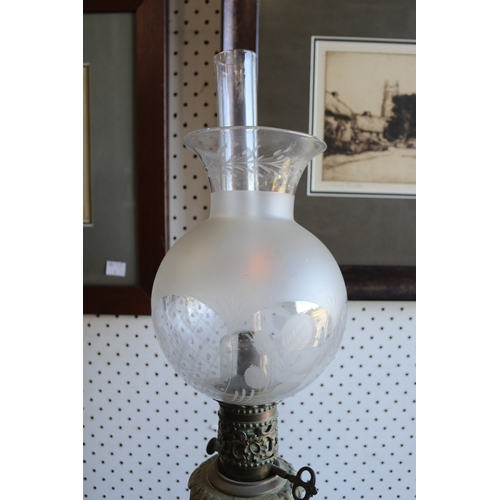 104 - Antique French oil lamp, baluster shape waisted fitted with fine wheel cut & etched shade, approx 70... 