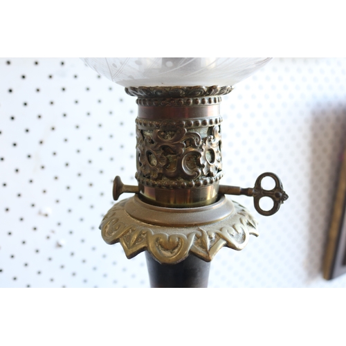 104 - Antique French oil lamp, baluster shape waisted fitted with fine wheel cut & etched shade, approx 70... 