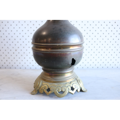 104 - Antique French oil lamp, baluster shape waisted fitted with fine wheel cut & etched shade, approx 70... 
