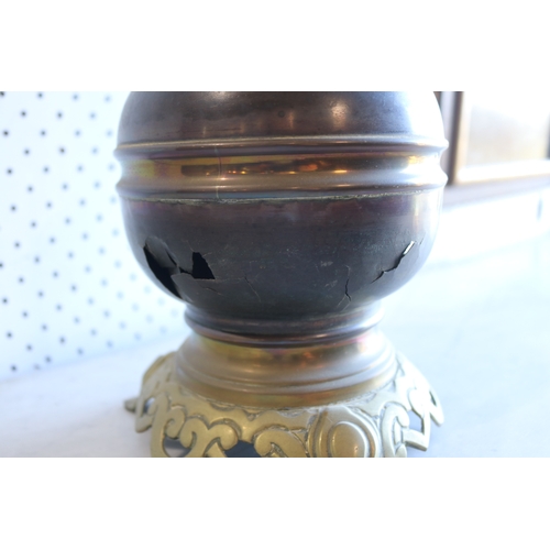 104 - Antique French oil lamp, baluster shape waisted fitted with fine wheel cut & etched shade, approx 70... 