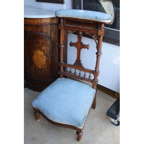 110 - Antique French upholstered prayer chair, slide out section under top rest