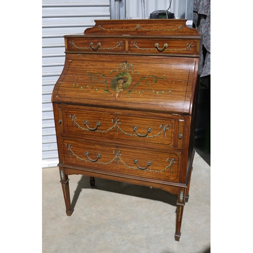 112 - Antique satinwood bureau, hand painted decoration, approx 120cm H x 74cm W x 42cm D