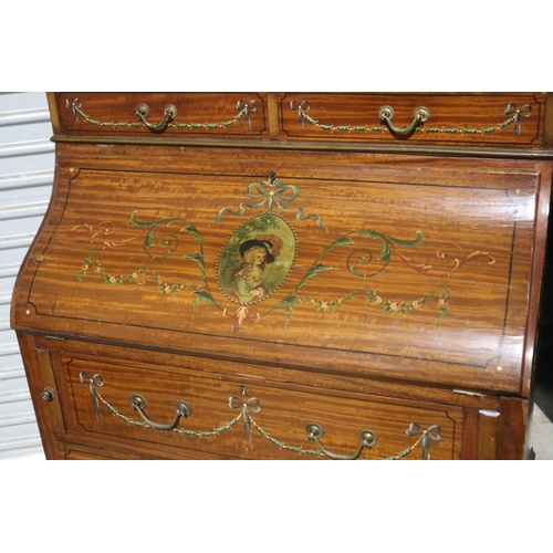 112 - Antique satinwood bureau, hand painted decoration, approx 120cm H x 74cm W x 42cm D