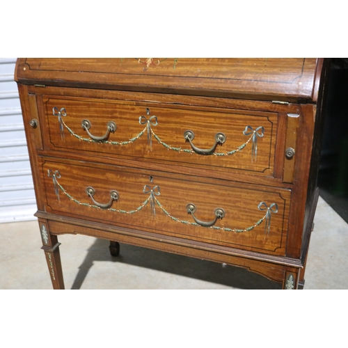 112 - Antique satinwood bureau, hand painted decoration, approx 120cm H x 74cm W x 42cm D