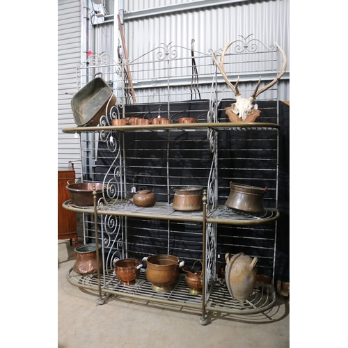 114 - Large antique French iron and brass trim multi tiered bakers rack, approx 238cm H x 200cm W x 58cm D