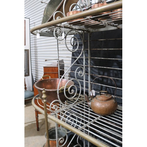 114 - Large antique French iron and brass trim multi tiered bakers rack, approx 238cm H x 200cm W x 58cm D