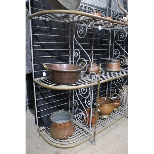 114 - Large antique French iron and brass trim multi tiered bakers rack, approx 238cm H x 200cm W x 58cm D
